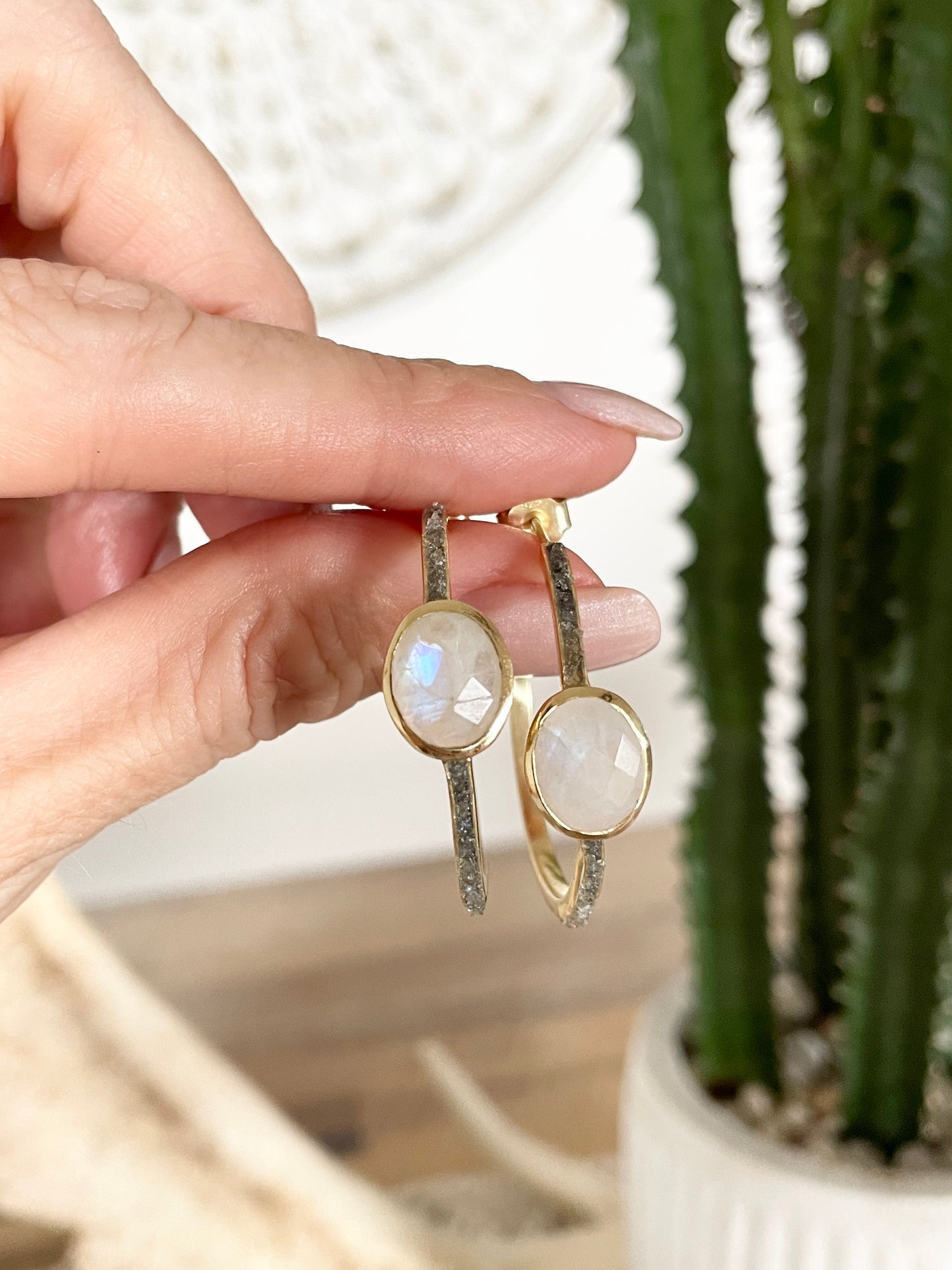 18K Gold Electroplated Hoops - Rainbow Moonstone/Raw Labradorite