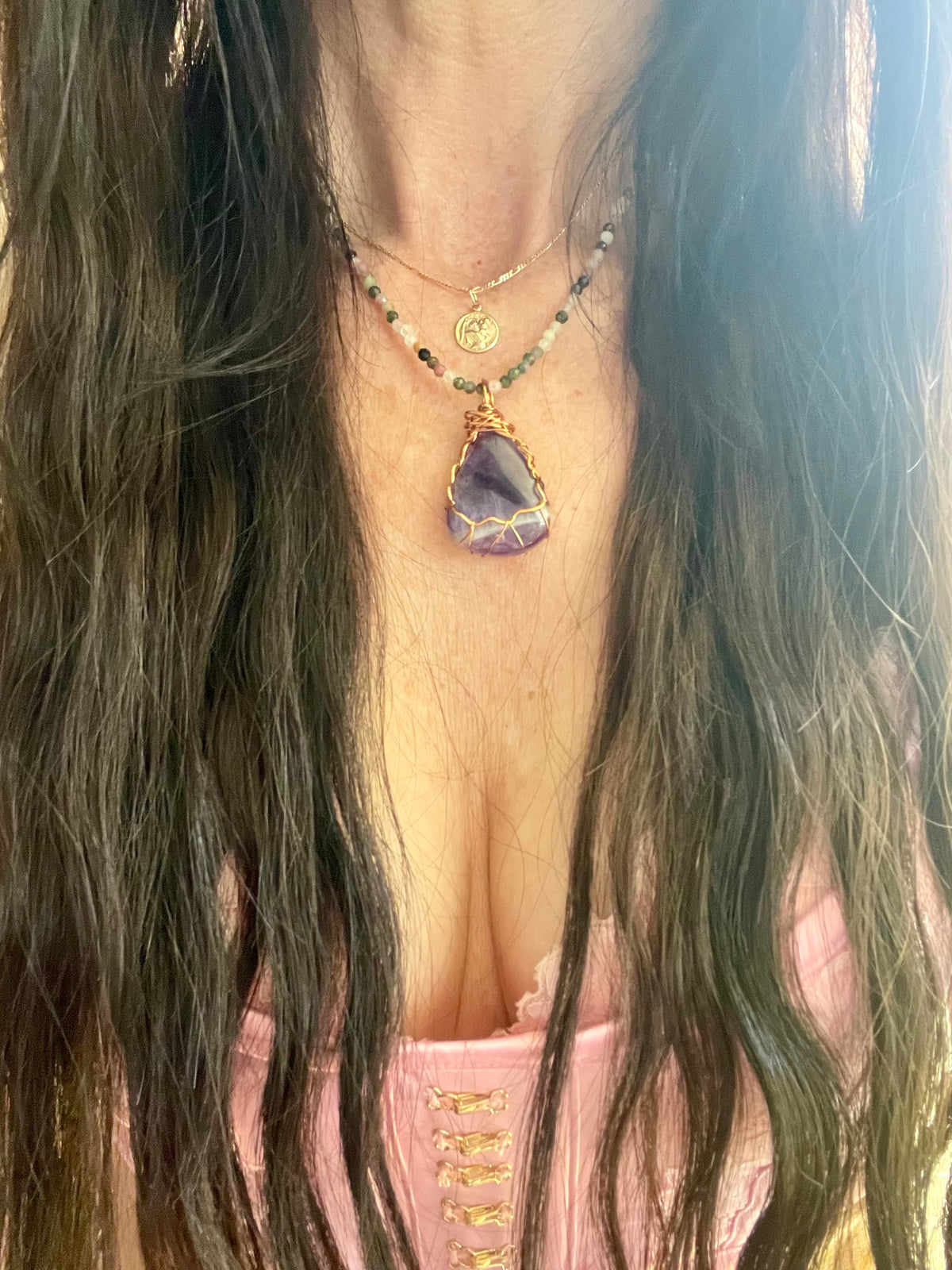 Amethyst & Multi Tourmaline Wrapped Necklace