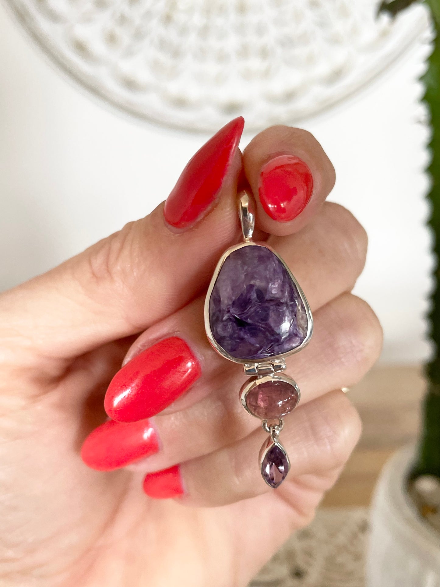 Charoite, Tourmaline & Amethyst Pendant
