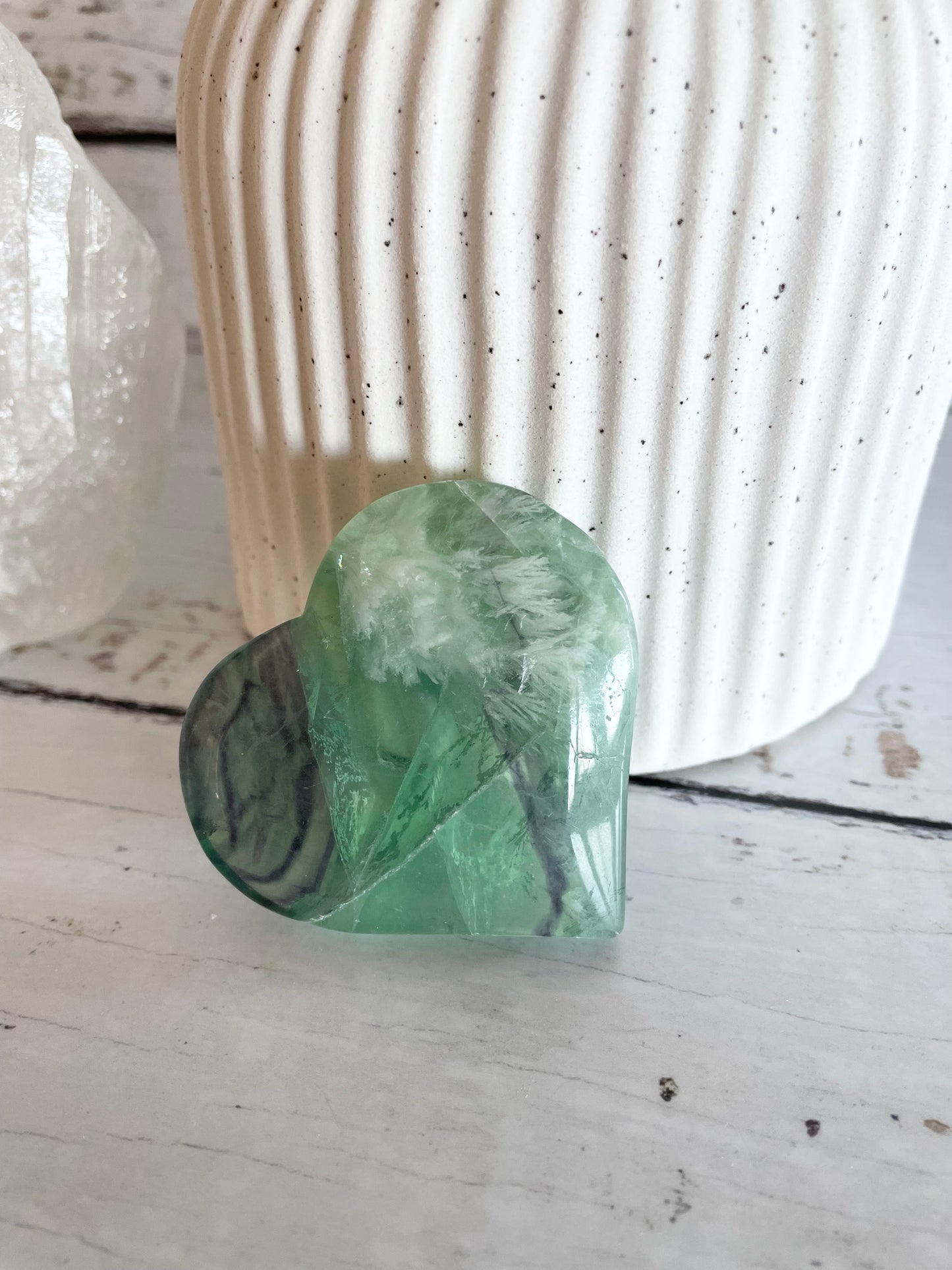 Green snowflake fluorite heart