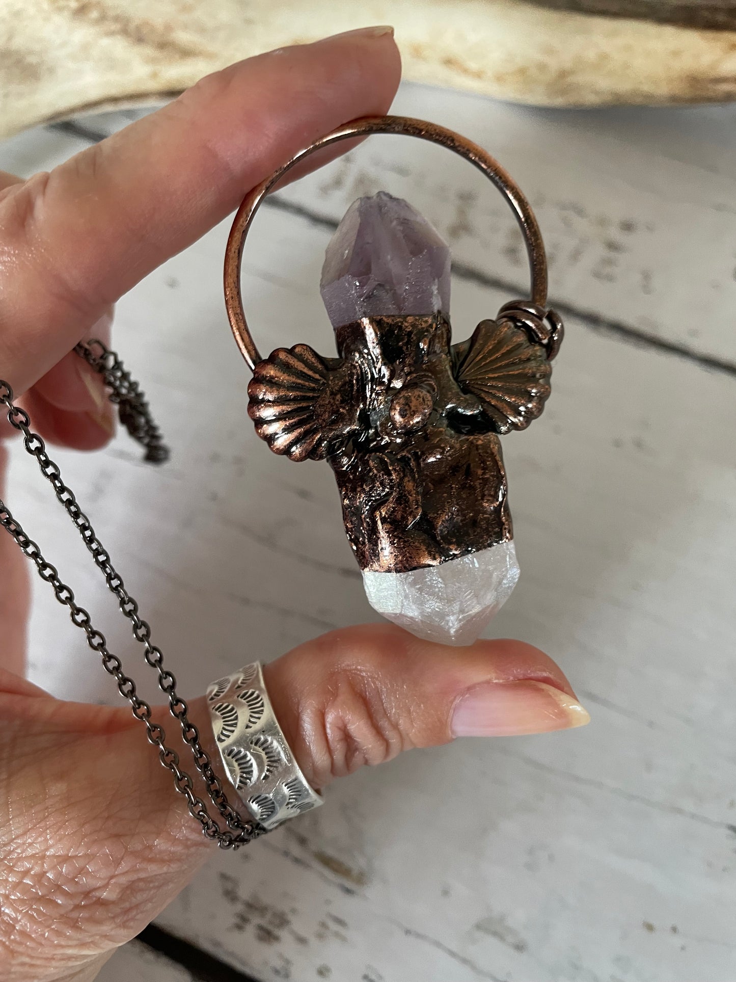 Copper Electroplated Necklace ~ Quartz/Amethyst