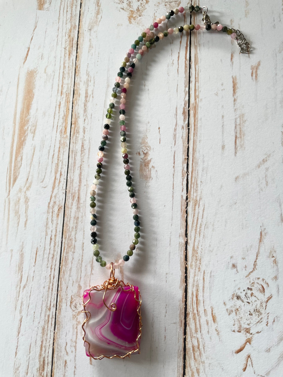 Pink Agate & Multi Tourmaline Wrapped Necklace