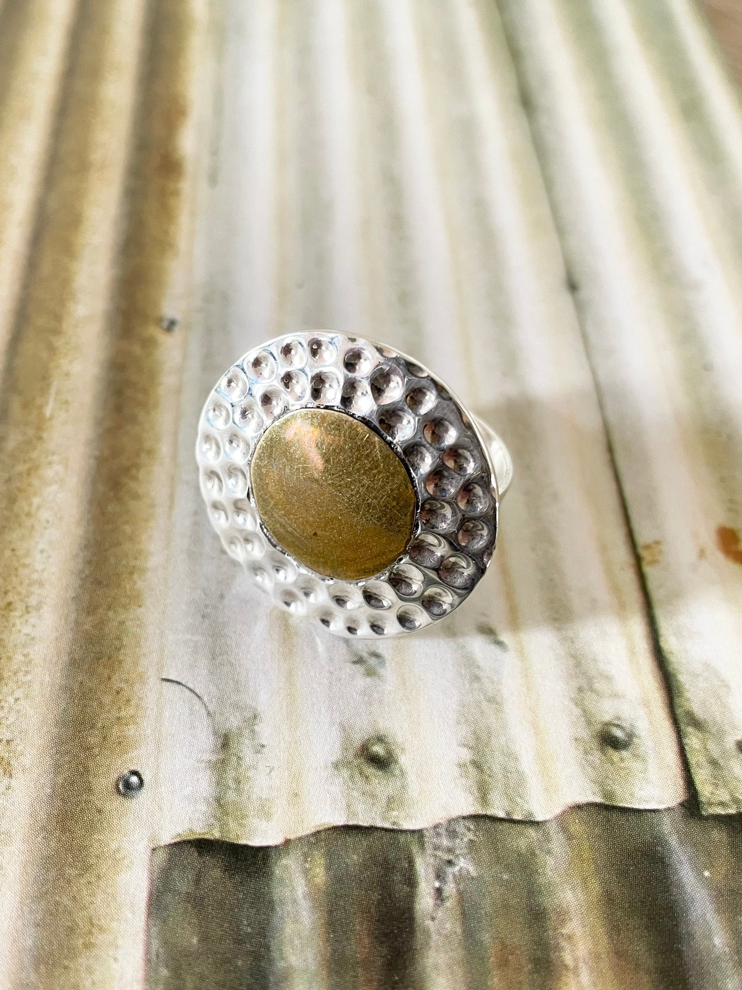Mexican Silver Brass Hammered Ring - Size 8.5