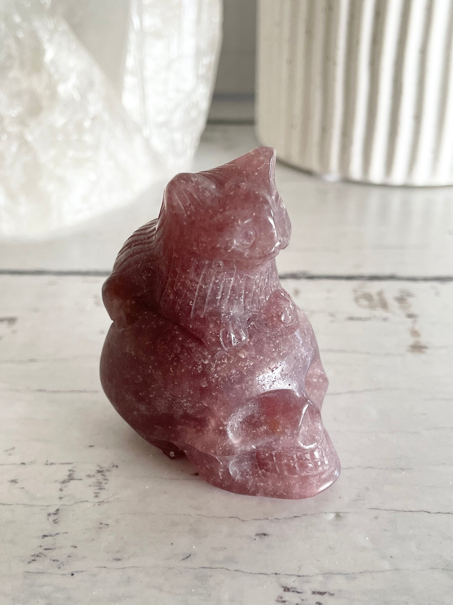 Strawberry Quartz Cat on Skull