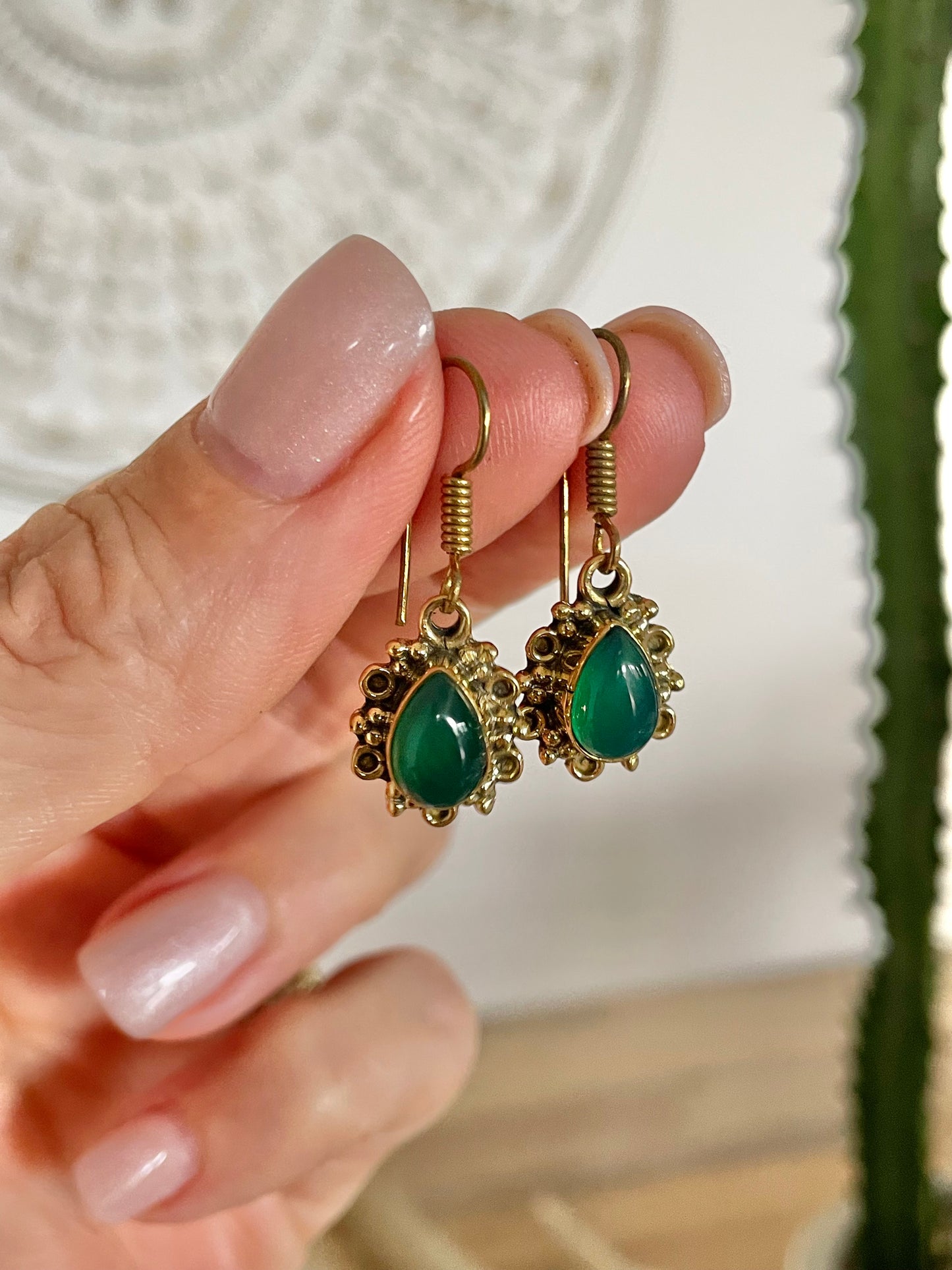 Green Onyx Brass Dangles