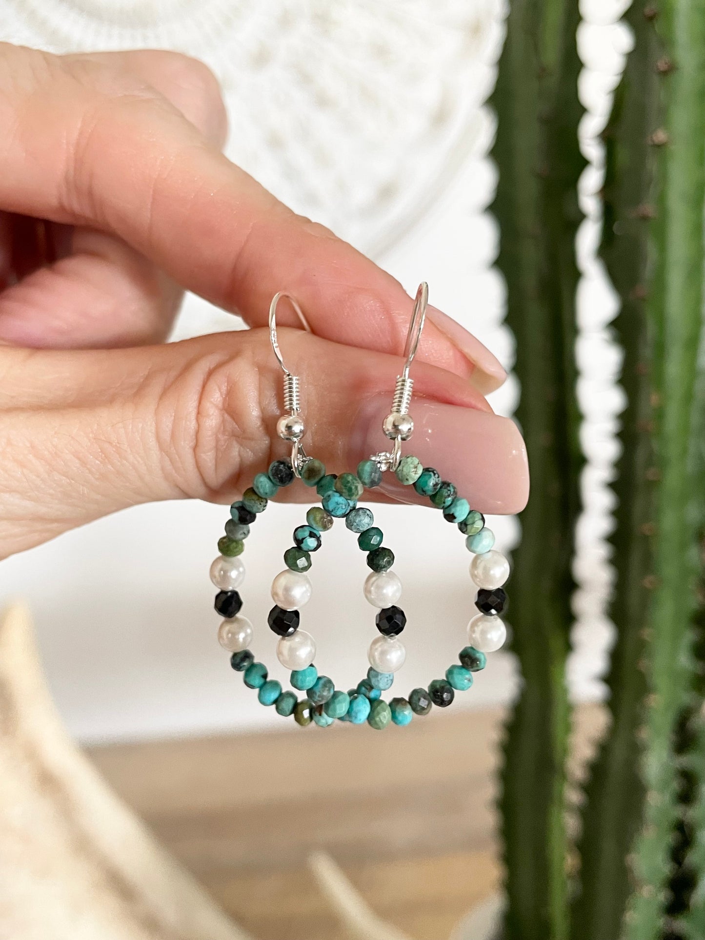 Faceted African Turquoise, Black Spinel & Pearl Earrings - handmade by Wayne