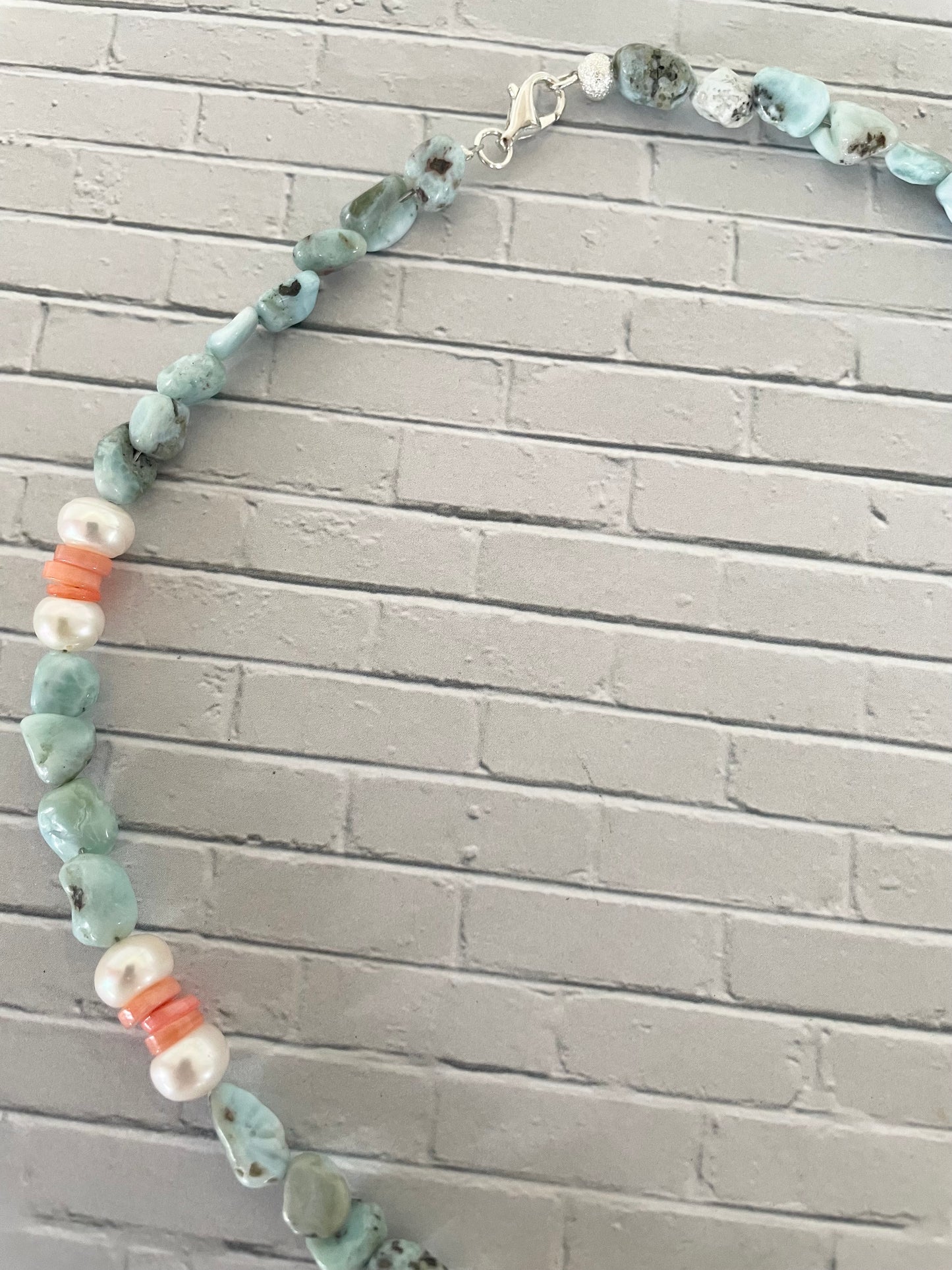 Larimar, Pearl & Coral Necklace - handmade by Wayne