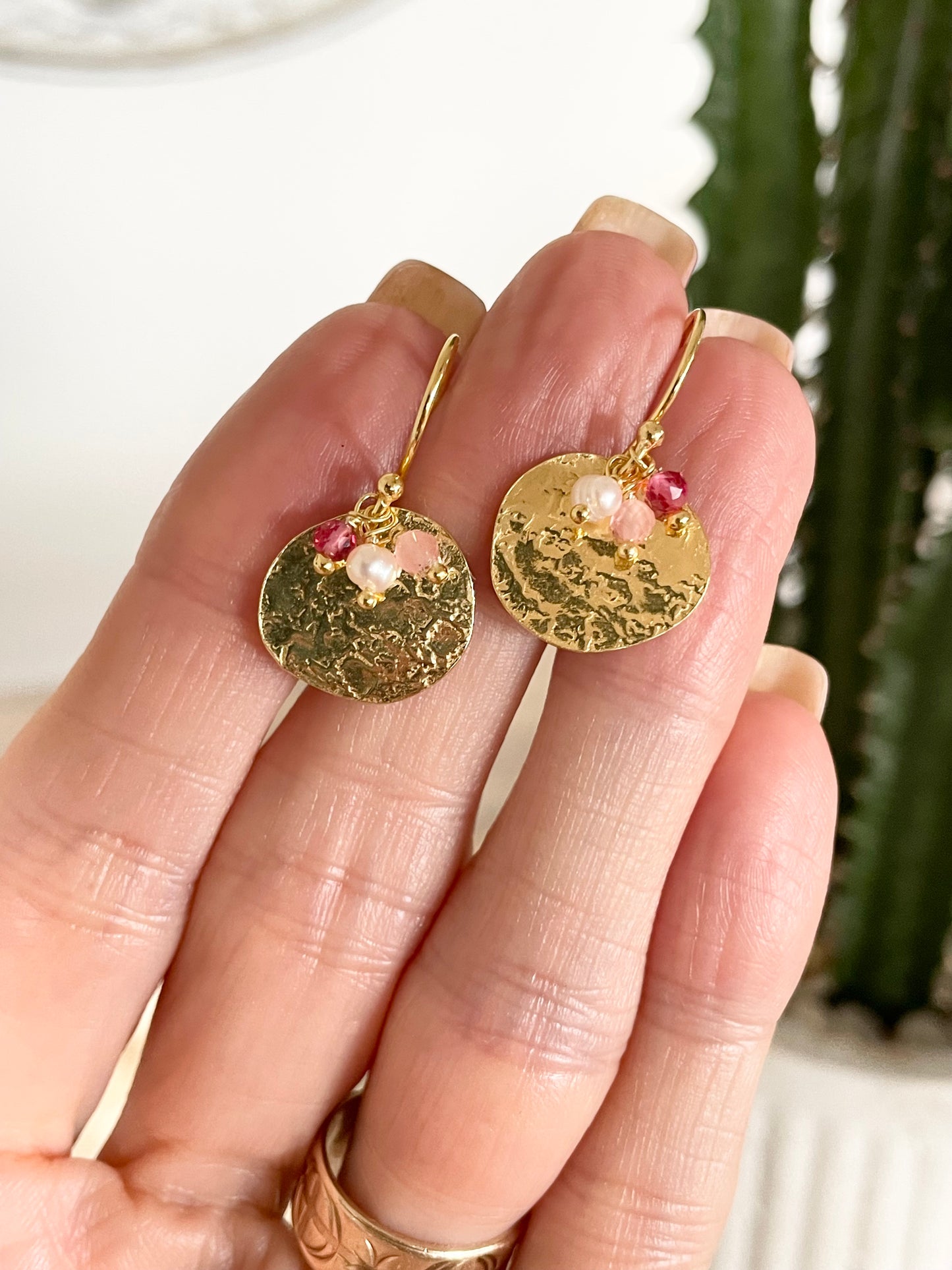 18K Gold Electroplated Hoops - Pearl & Tourmaline