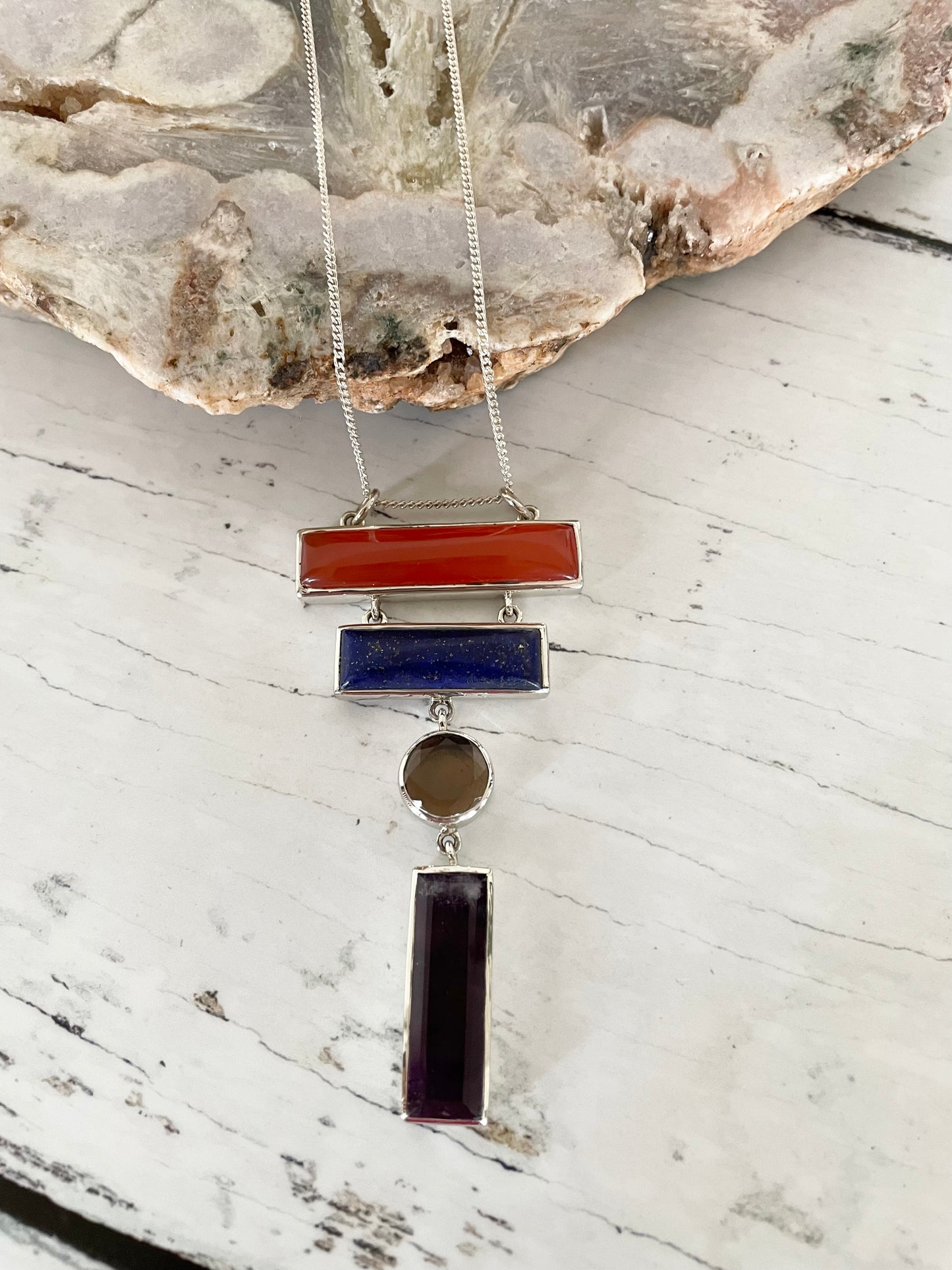 Carnelian. Lapis. Smoky Qtz. Amethyst Necklace