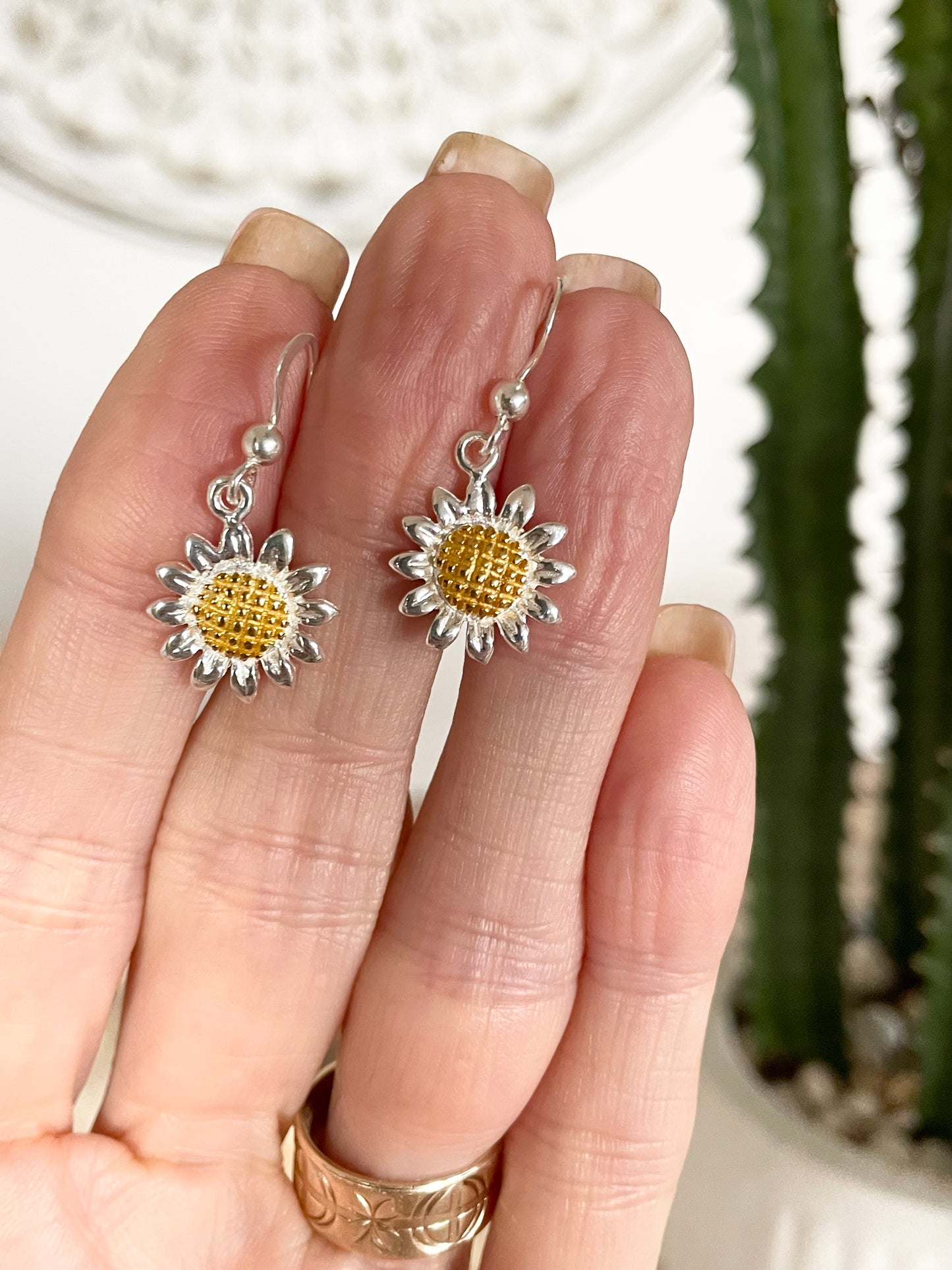 18K Gold Electroplated Plated Electroplated Sunflower Dangles