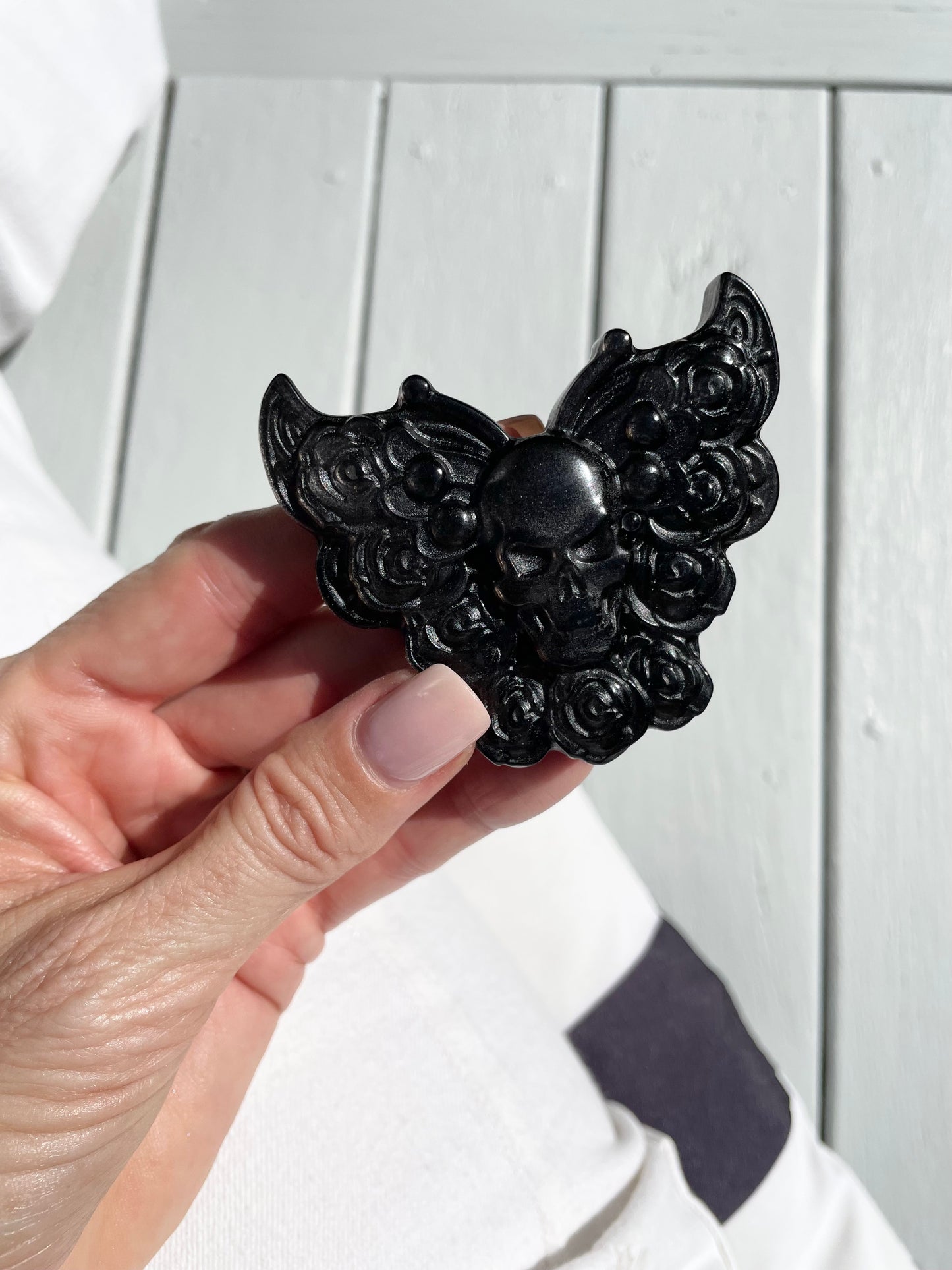 Silver Sheen Obsidian - Skull & Roses