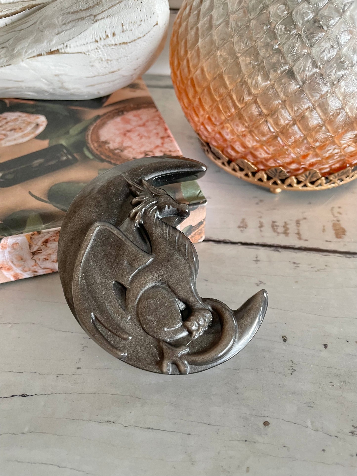 Silver Sheen Obsidian Dragon Moon Carving