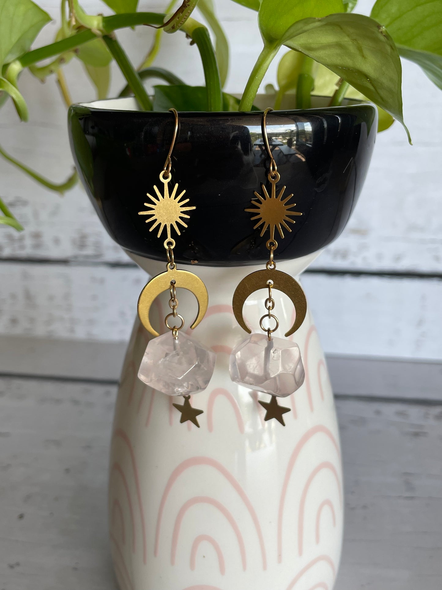 Crescent Moon Rose Quartz Dangles