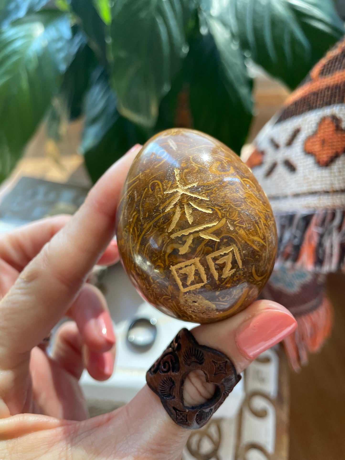 Calligraphy Jasper Reiki Egg with holder