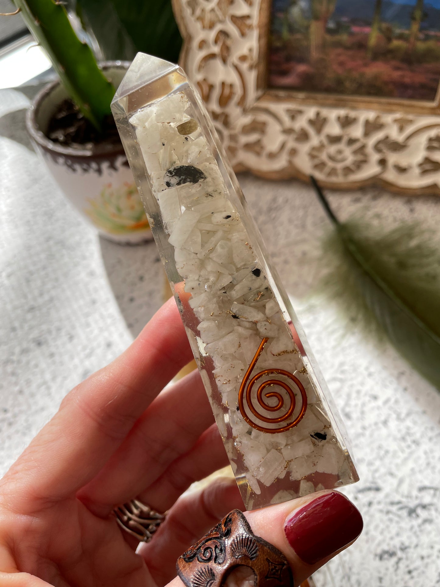 Rainbow Moonstone copper Obelisk