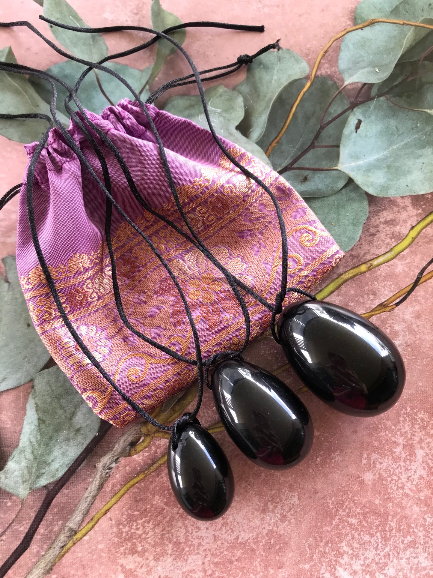 Yoni Eggs ~ Black Obsidian Set of 3 with Sari pouch