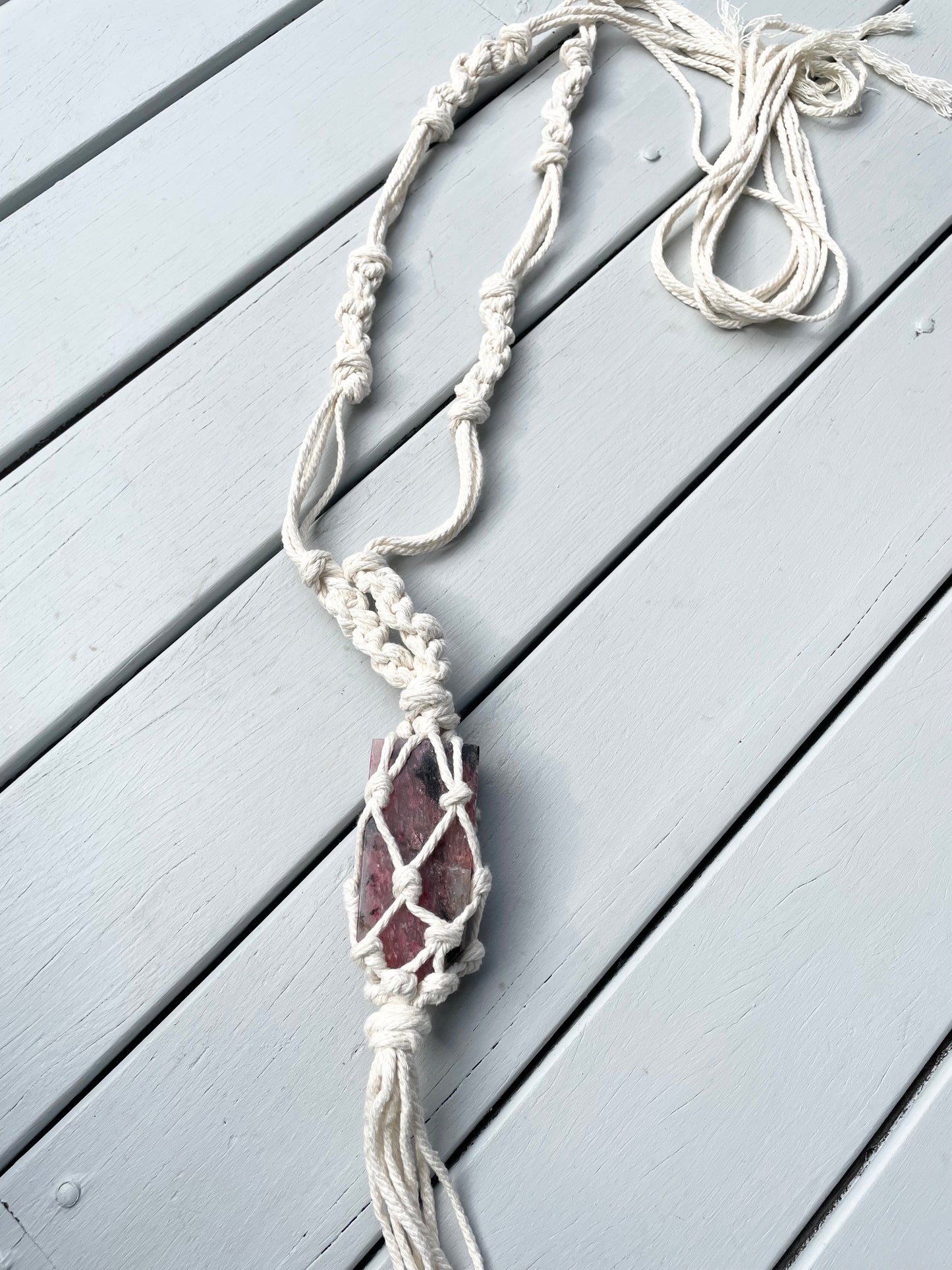 Made by Wayne Macrame Hanging ~ Rhodonite Obelisk