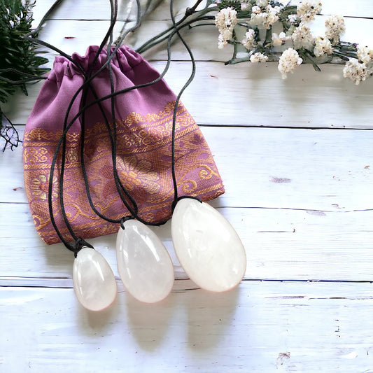 Yoni Eggs ~ Clear Quartz Set of 3 with Sari Pouch