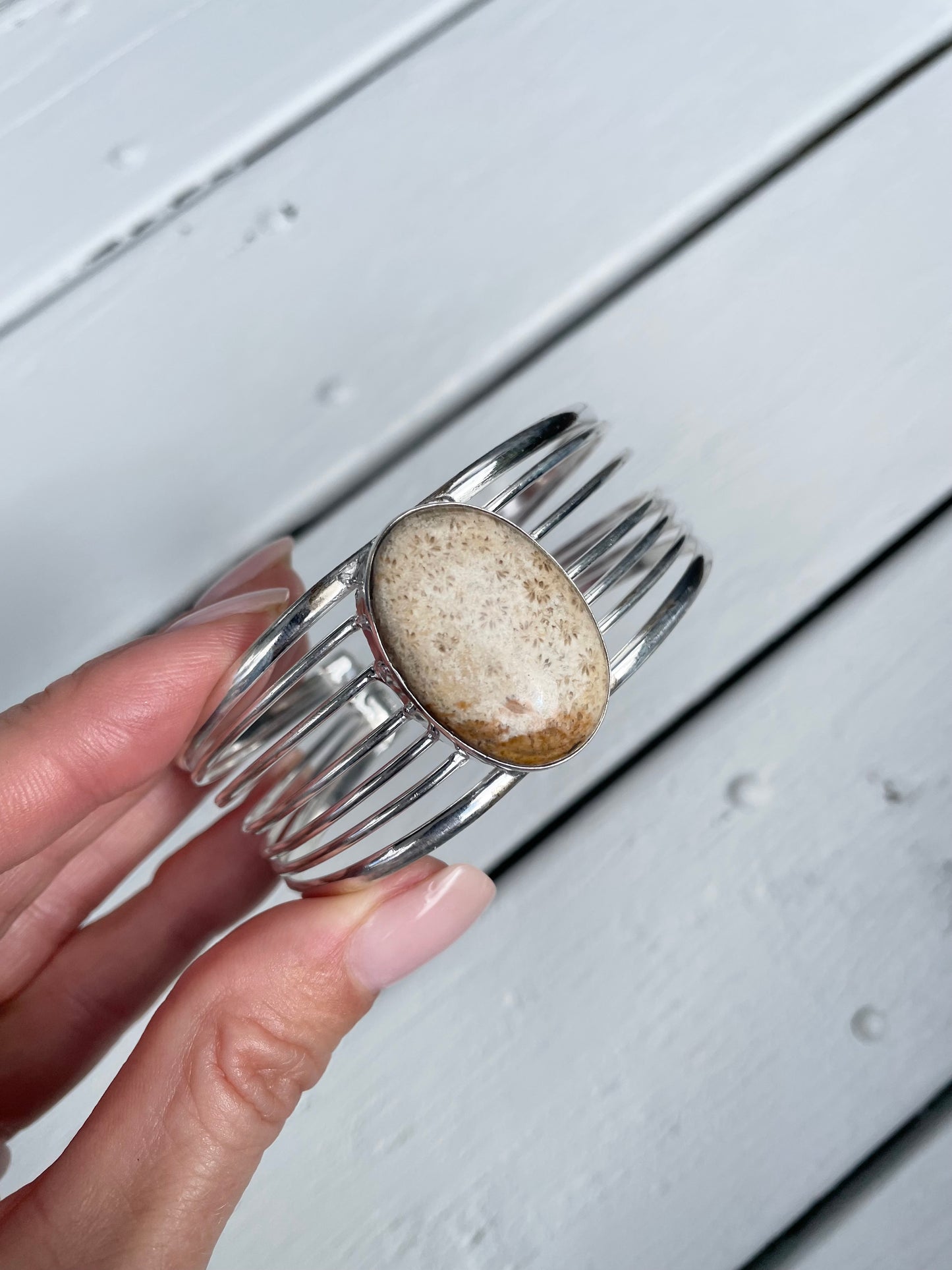 Petosky stone / fossil coral silver cuff