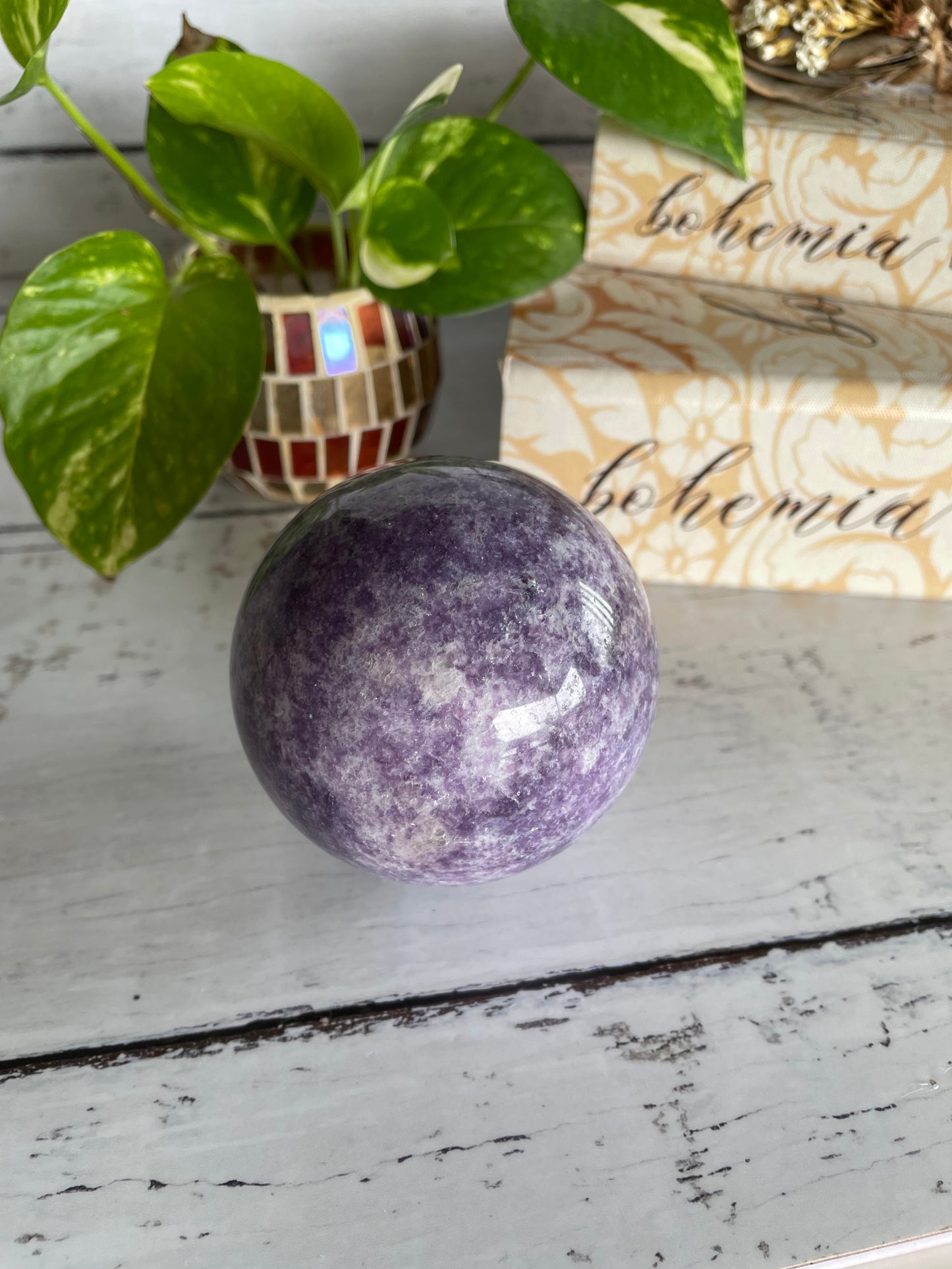 Lepidolite Sphere Includes Wooden Holder