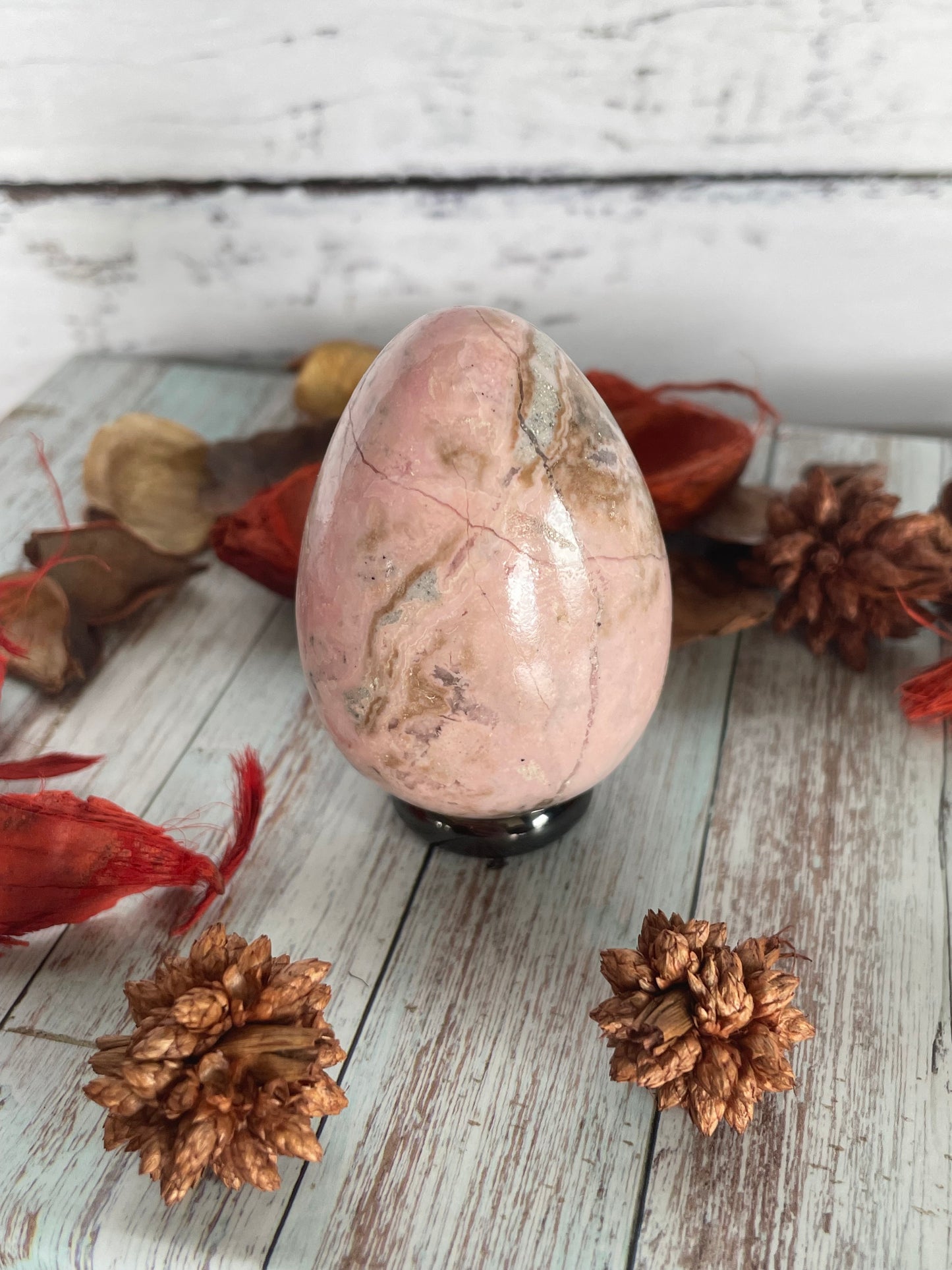 Rhodochrosite Egg Includes Hematite Ring