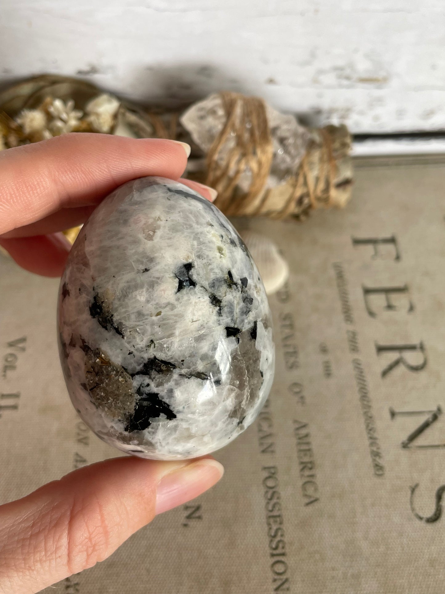 Rainbow Moonstone Egg Includes Hematite Ring