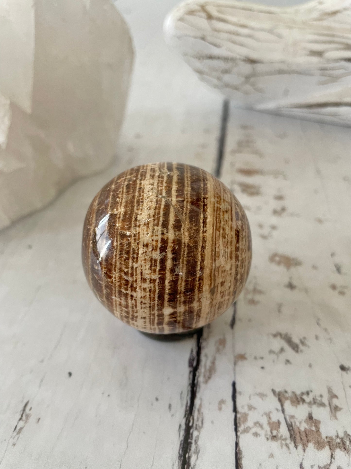 Aragonite Sphere Includes Wooden Holder