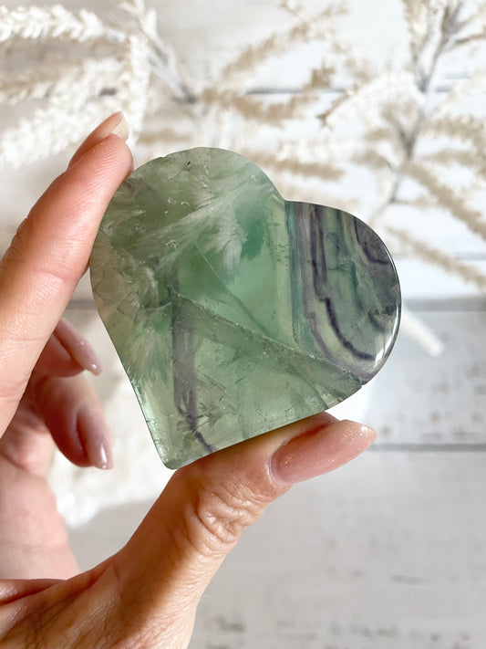 Green snowflake fluorite heart