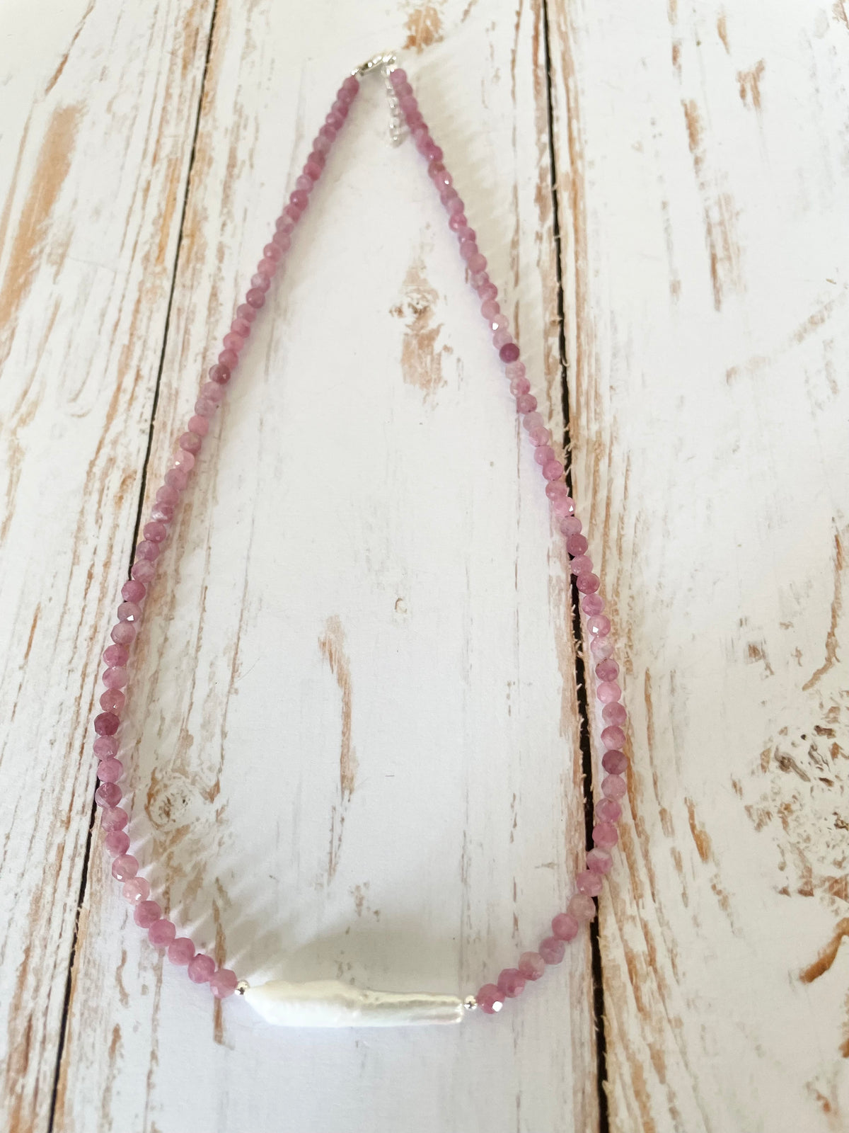 Sterling Silver Faceted Pink Tourmaline & Pearl Choker