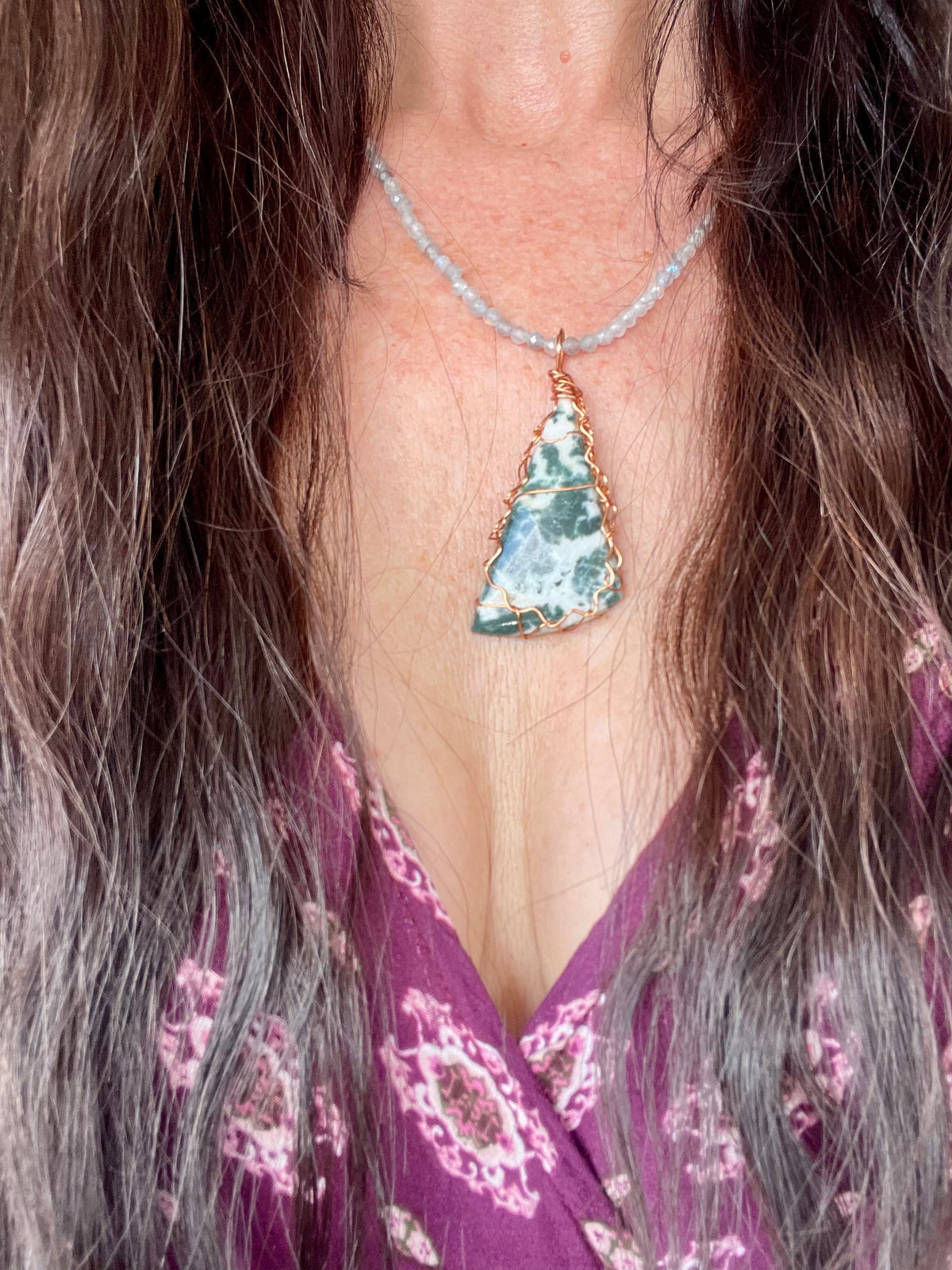 Tree Agate & Labradorite Copper Wrapped Necklace