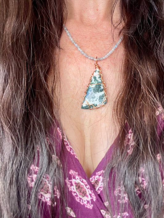 Tree Agate & Labradorite Copper Wrapped Necklace