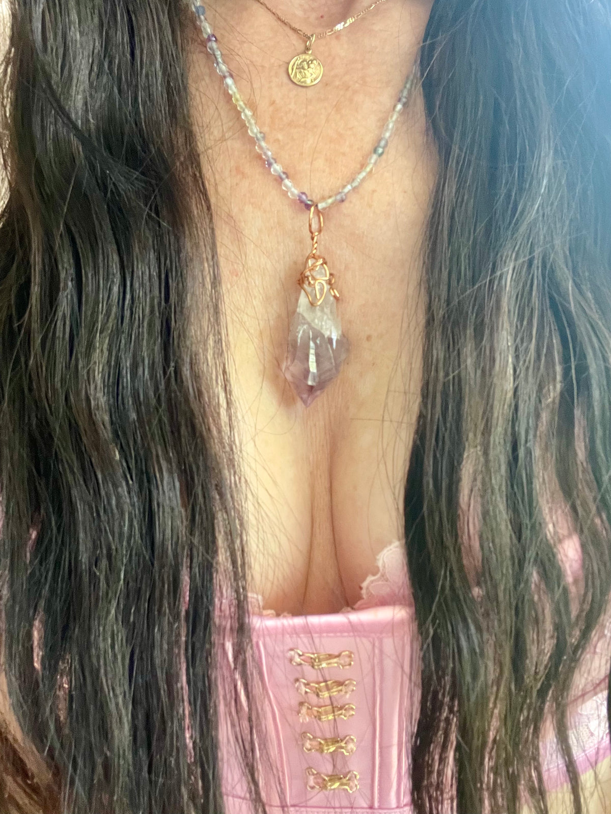 Amethyst & Rainbow Fluorite Wrapped Necklace