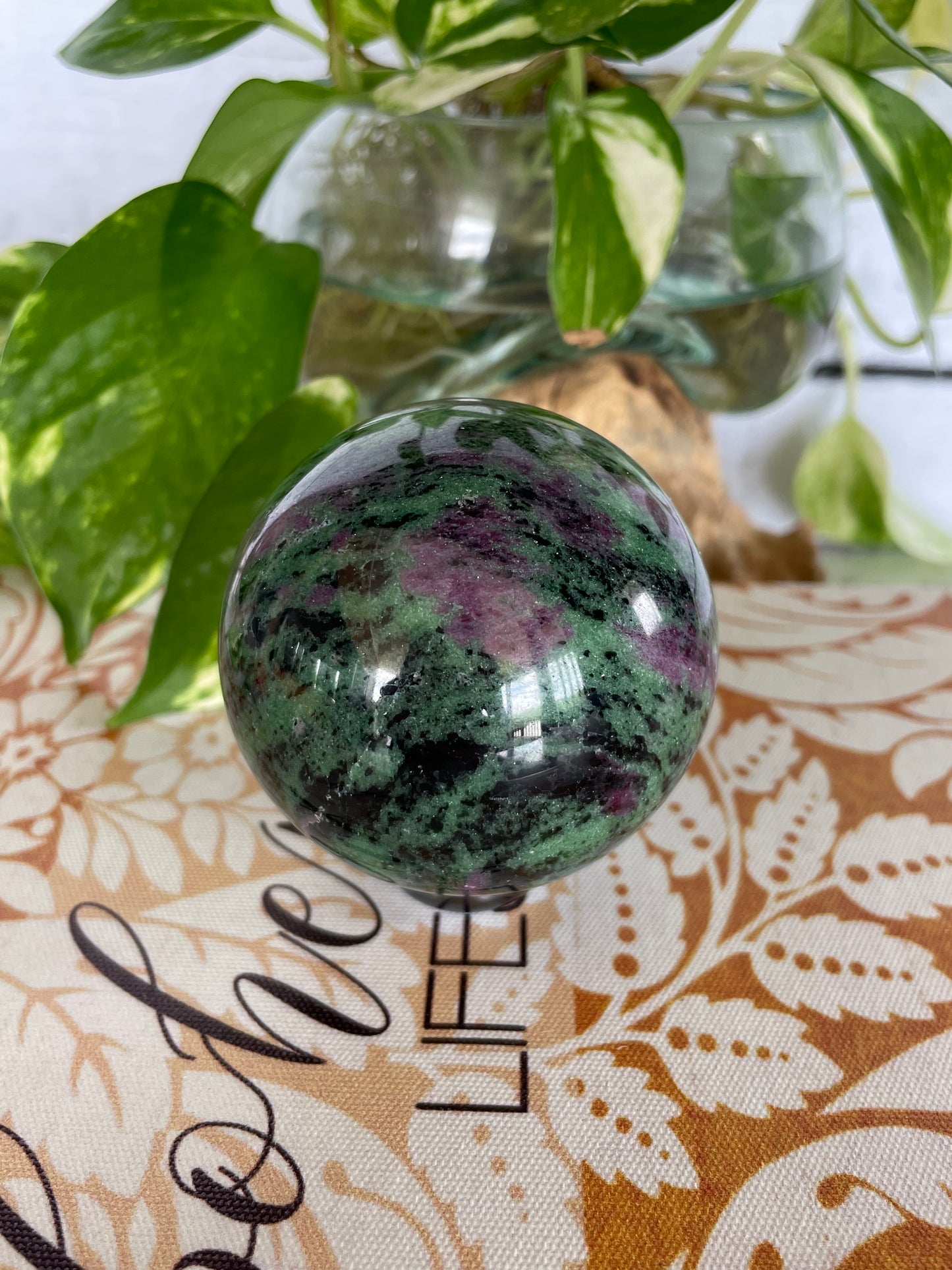 Ruby Zoisite Sphere Includes Wooden Holder