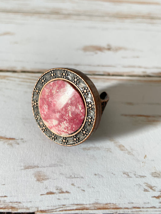 Copper Antiqued Ring ~ Thulite adjustable ring 6-10