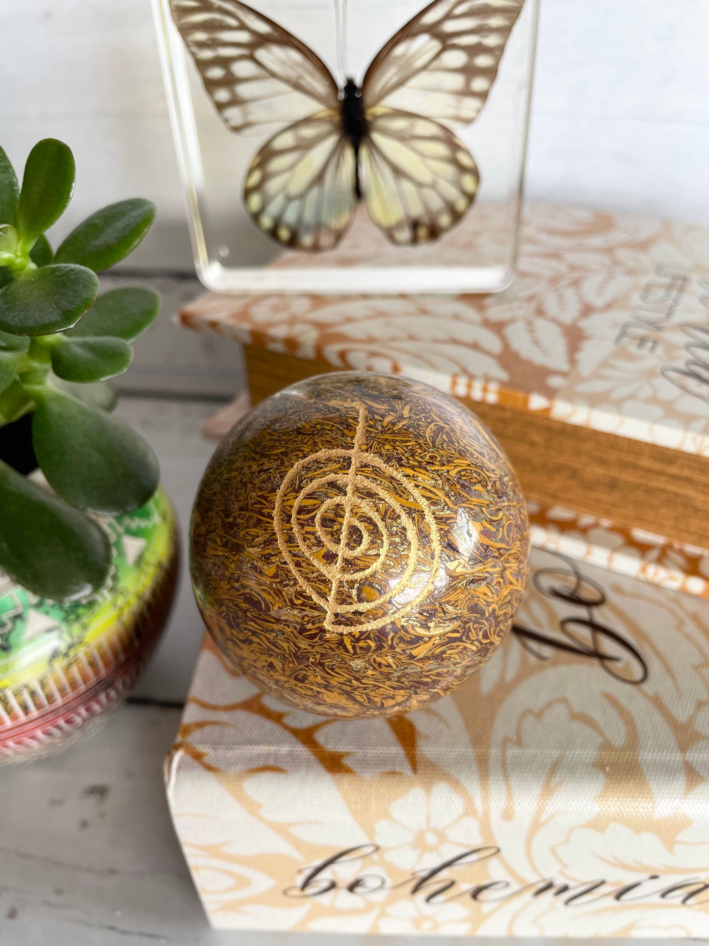 Calligraphy Jasper Reiki Sphere Includes Wooden Holdere