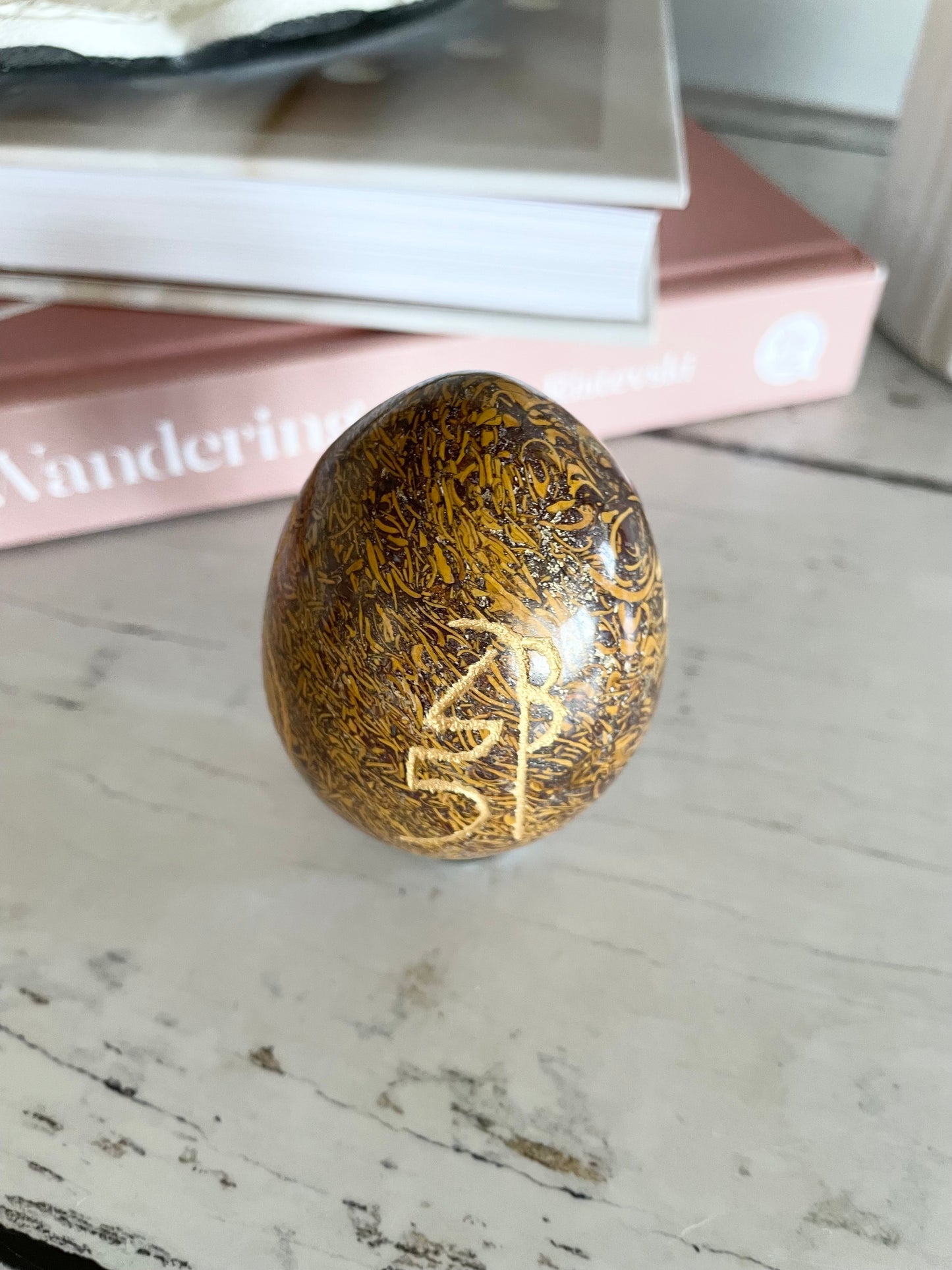 Calligraphy Jasper Reiki Egg with holder