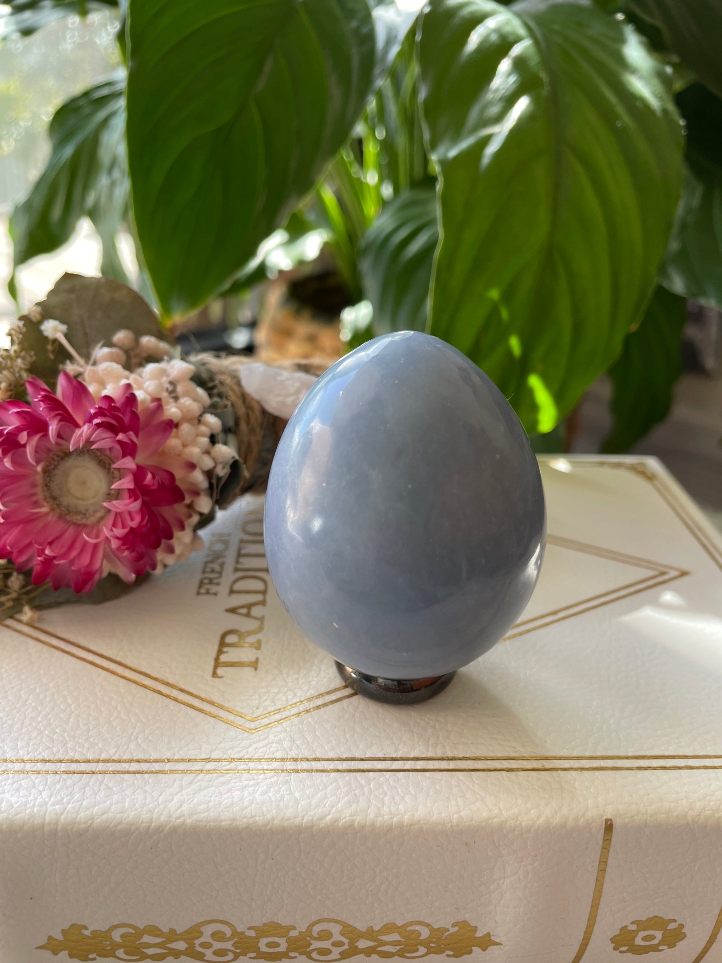 Angelite Egg Includes Hematite Ring