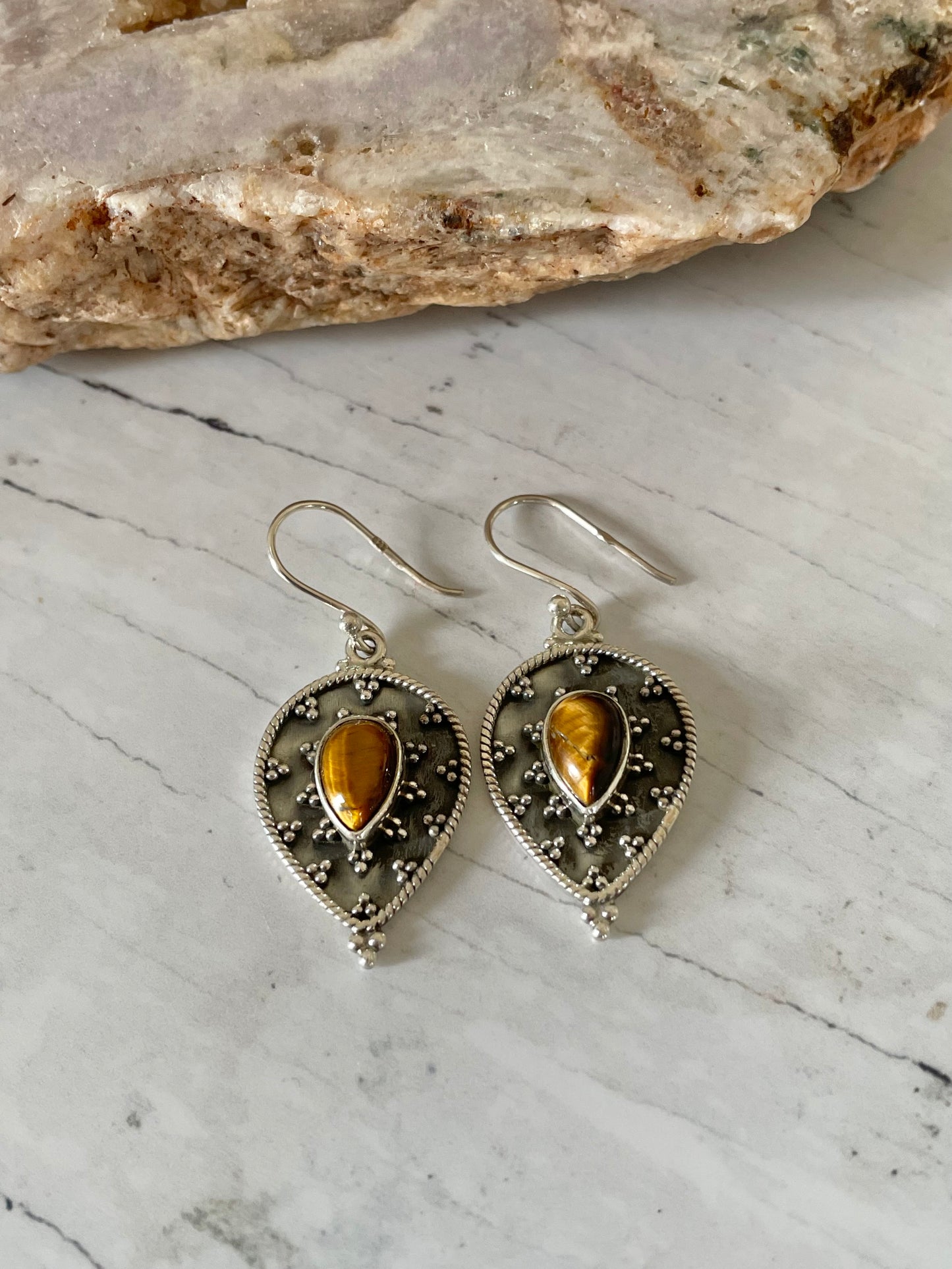 Tigers Eye Oxidised Dangles