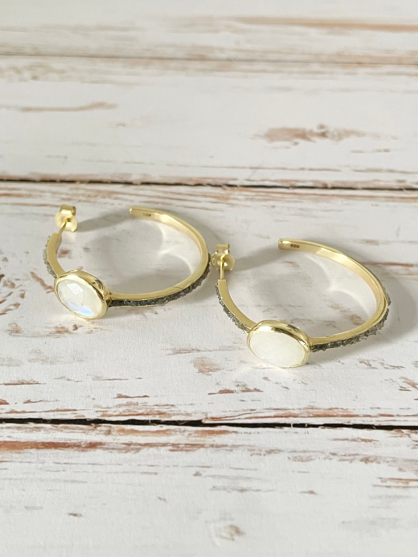 18K Gold Electroplated Hoops - Rainbow Moonstone/Raw Labradorite
