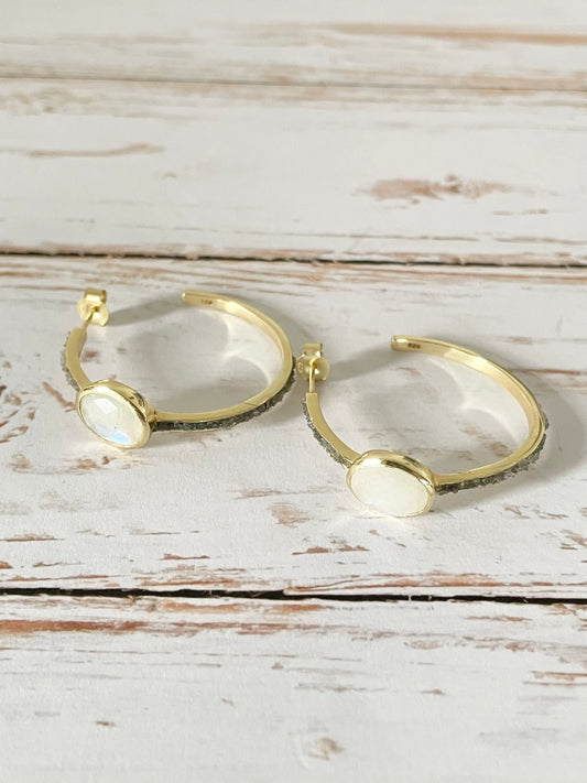 18K Gold Electroplated Hoops - Rainbow Moonstone/Raw Labradorite
