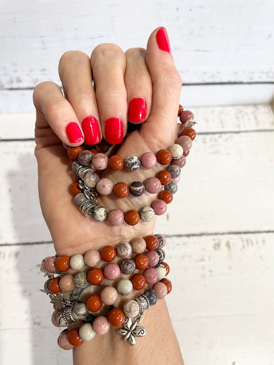 Crystal Trio Bracelet ~ Red Jasper, Rhodonite & Porcelain Jasper ~ Earth Mama