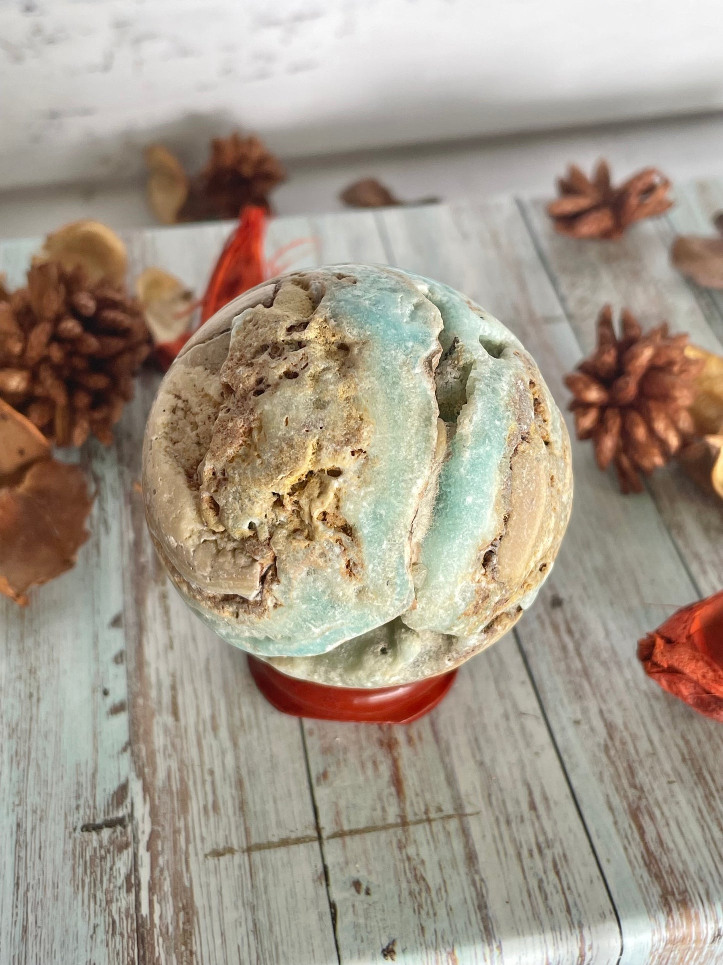 Hemimorphite Sphere Includes Wooden Holder