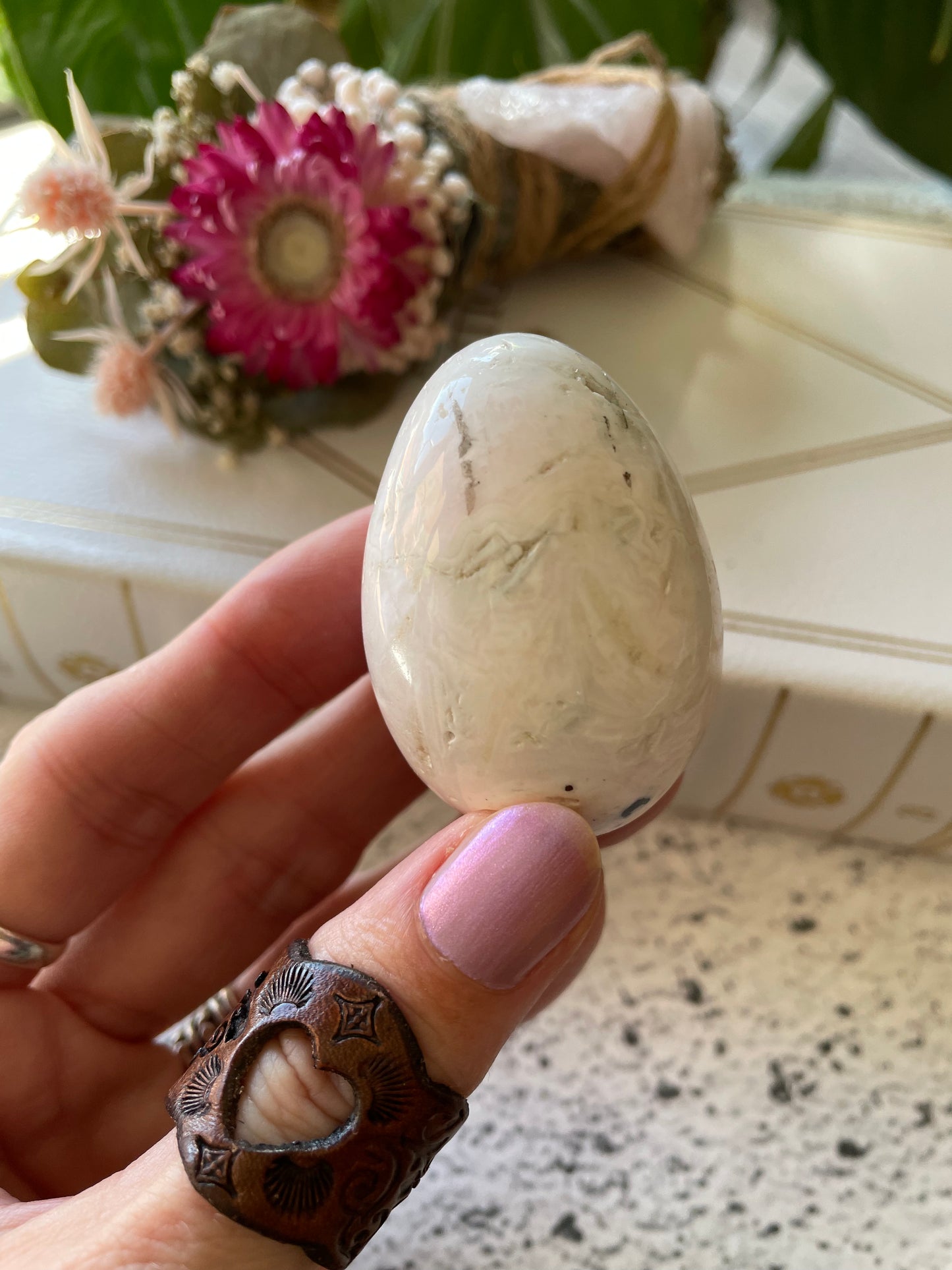 Mangano Calcite Egg Includes Hematite Ring