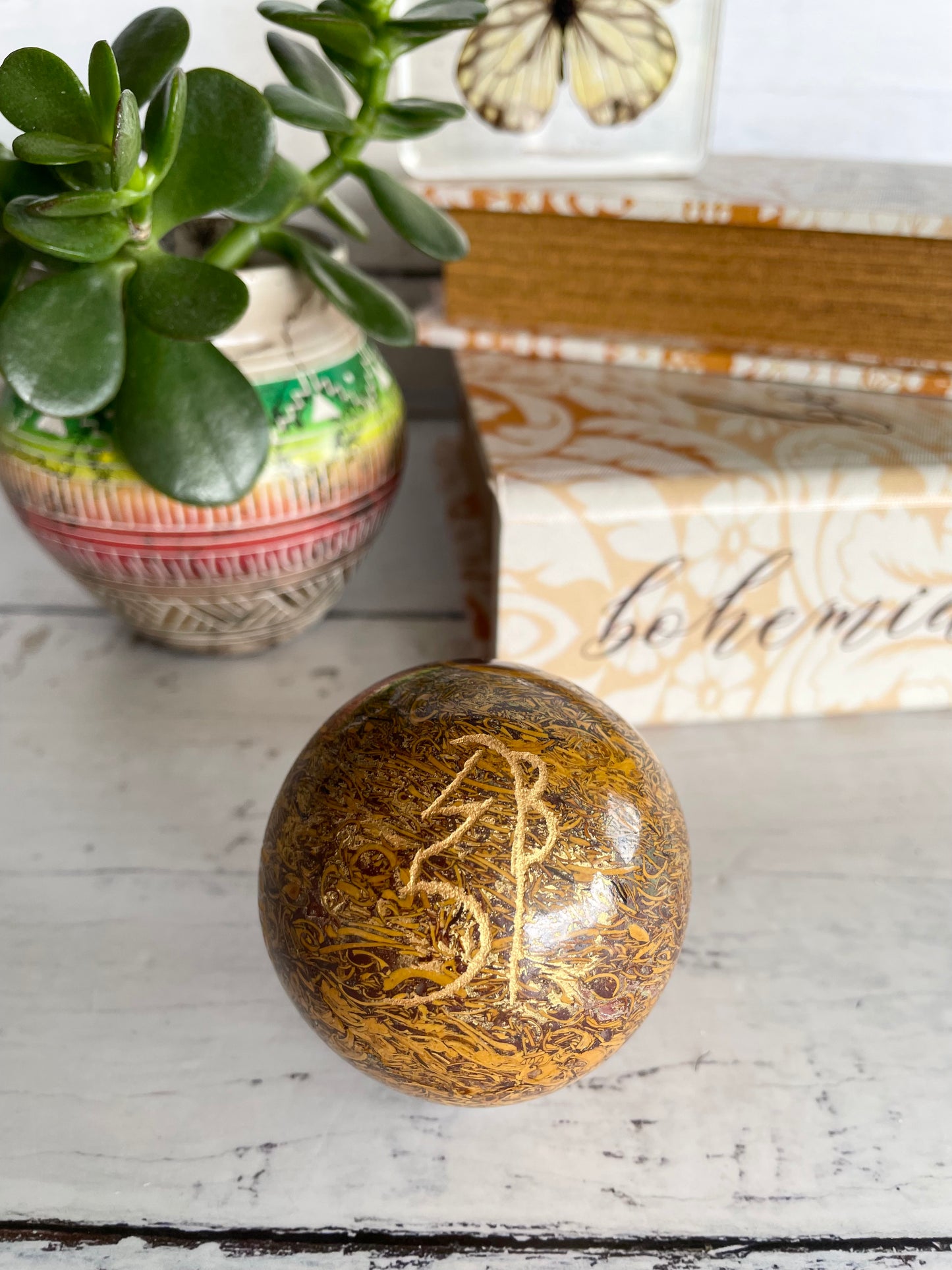 Calligraphy Jasper Reiki Sphere Includes Wooden Holdere