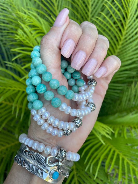 Pearl & Amazonite gemstone Bracelet