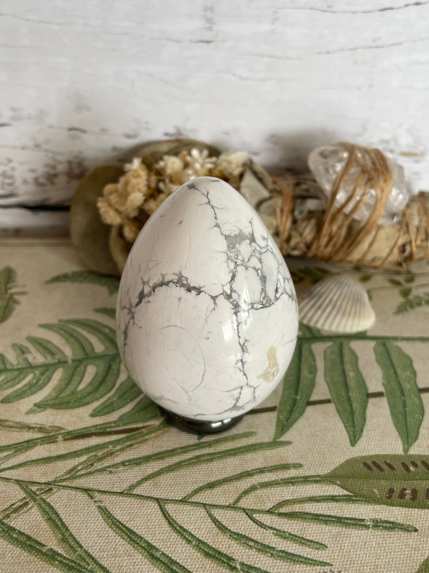 White Howlite Egg Includes Hematite Ring