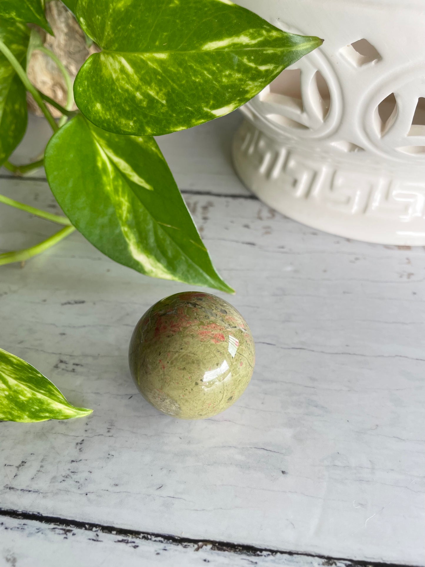 Unakite Sphere Includes Wooden Holder