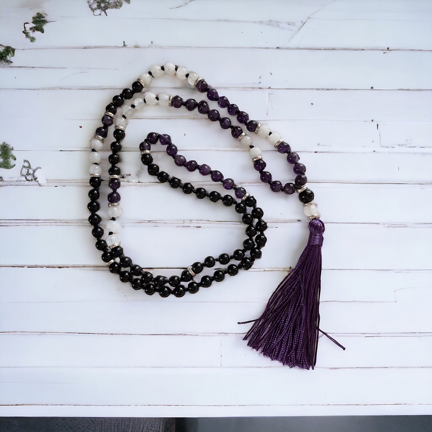 Black Onyx, Snow Quartz & Amethyst ~ Mala/Prayer Beads