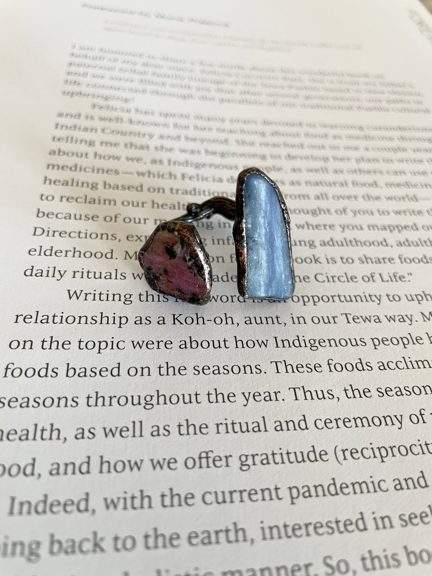 Copper electroplated Ring ~ Rhodonite & Kyanite Ring