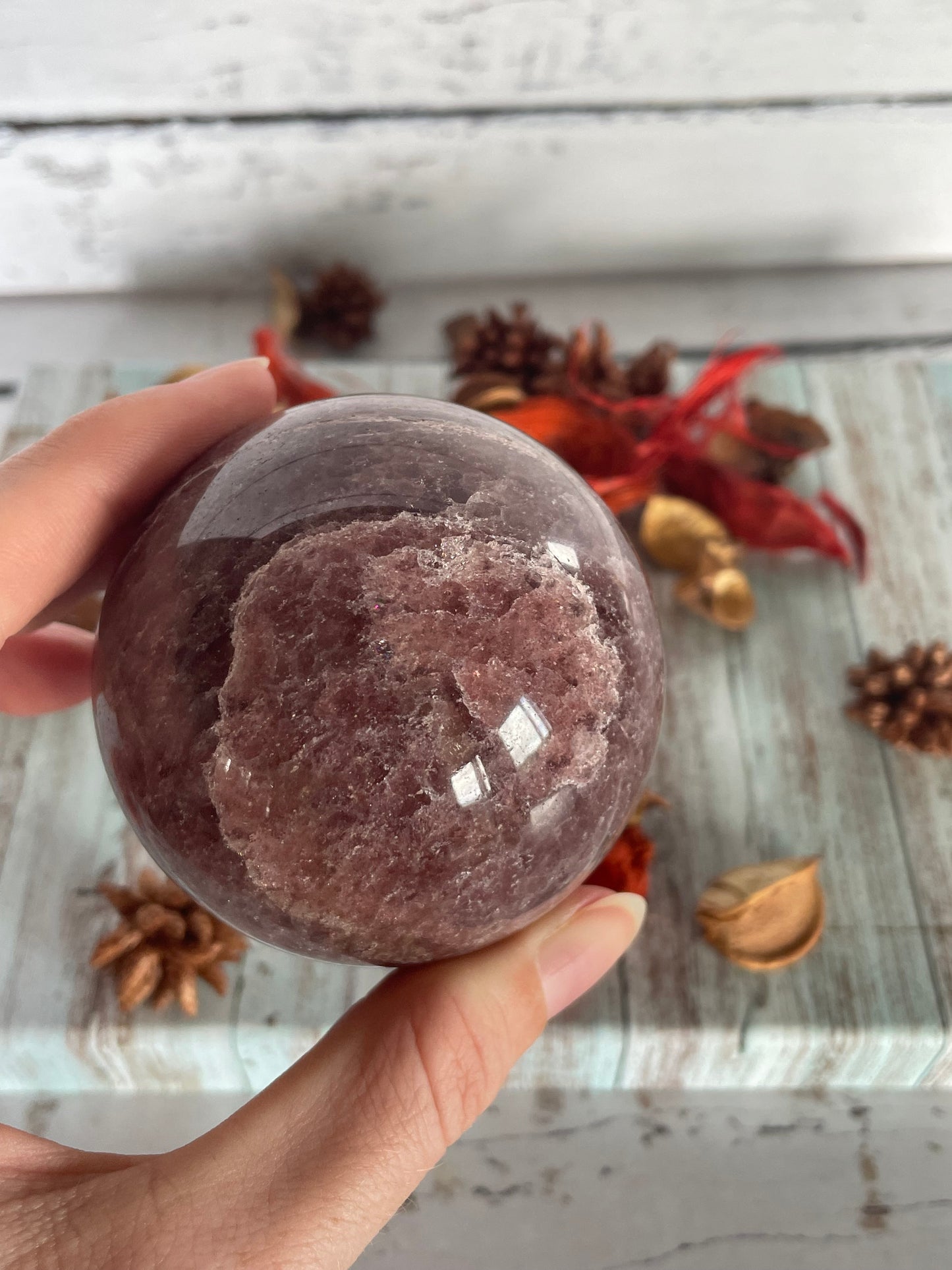 Strawberry Quartz Sphere Includes Wooden Holder